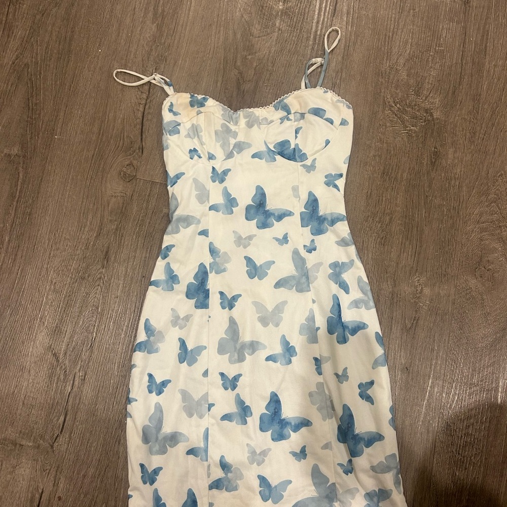 White Dress with Blue Butterfly Print